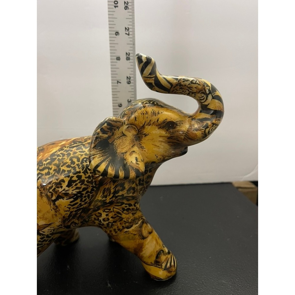 La Vie Safari Patchwork Elephant Figurine Ceramic Leopard Zebra Lion Print 9in